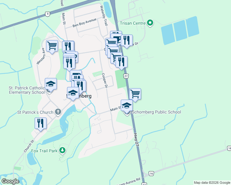 map of restaurants, bars, coffee shops, grocery stores, and more near 10 Rice Drive in Schomberg