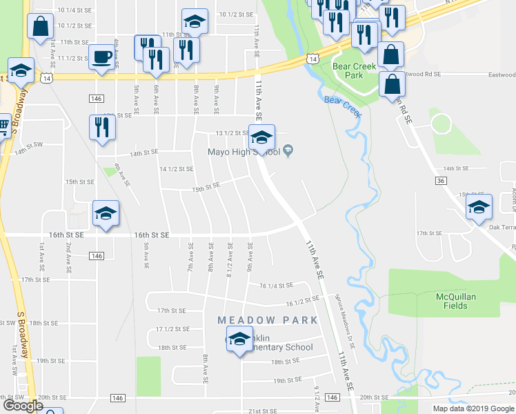 map of restaurants, bars, coffee shops, grocery stores, and more near 1550 10th Avenue Southeast in Rochester