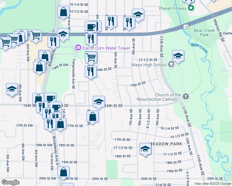 map of restaurants, bars, coffee shops, grocery stores, and more near 1526 4th Avenue Southeast in Rochester