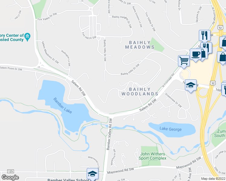 map of restaurants, bars, coffee shops, grocery stores, and more near 2408 Salem Heights Lane Southwest in Rochester