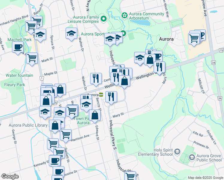 map of restaurants, bars, coffee shops, grocery stores, and more near 145 Wellington Street East in Aurora