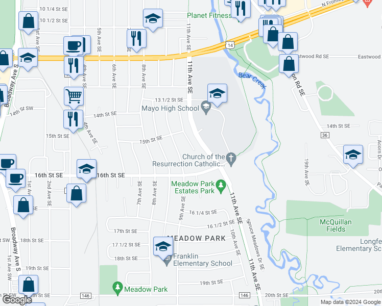map of restaurants, bars, coffee shops, grocery stores, and more near 1543 10th Avenue Southeast in Rochester