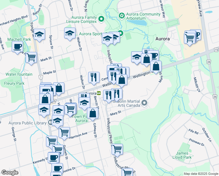 map of restaurants, bars, coffee shops, grocery stores, and more near 145 Wellington Street East in Aurora