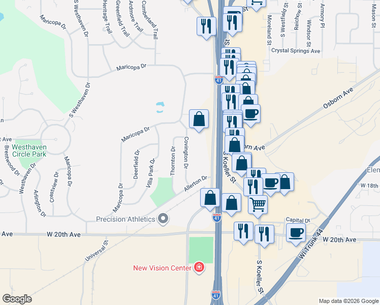 map of restaurants, bars, coffee shops, grocery stores, and more near 1635 Covington Drive in Oshkosh