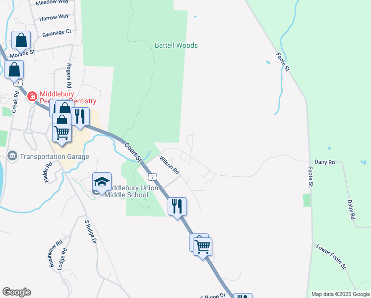 map of restaurants, bars, coffee shops, grocery stores, and more near 198 Boardman Street in Middlebury