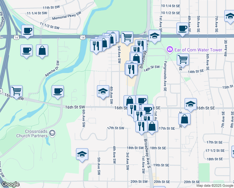 map of restaurants, bars, coffee shops, grocery stores, and more near 1527 3rd Avenue Southwest in Rochester