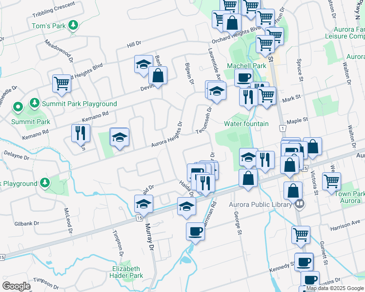 map of restaurants, bars, coffee shops, grocery stores, and more near 46 Collins Crescent in Aurora
