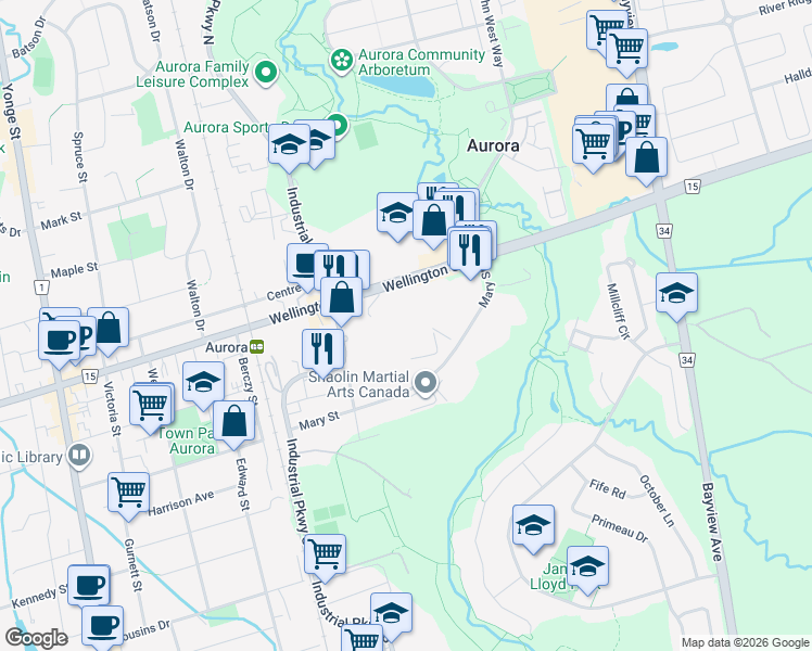 map of restaurants, bars, coffee shops, grocery stores, and more near 275 Wellington Street East in Aurora