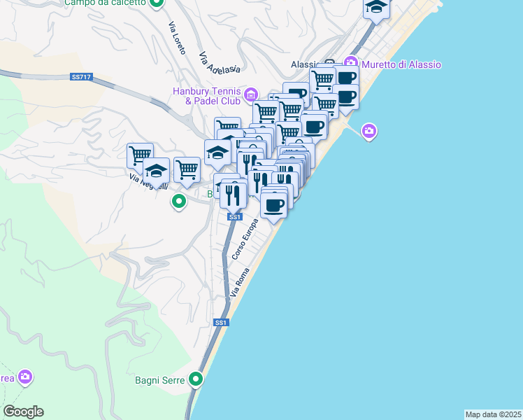 map of restaurants, bars, coffee shops, grocery stores, and more near 12 Via Don Boselli in Alassio