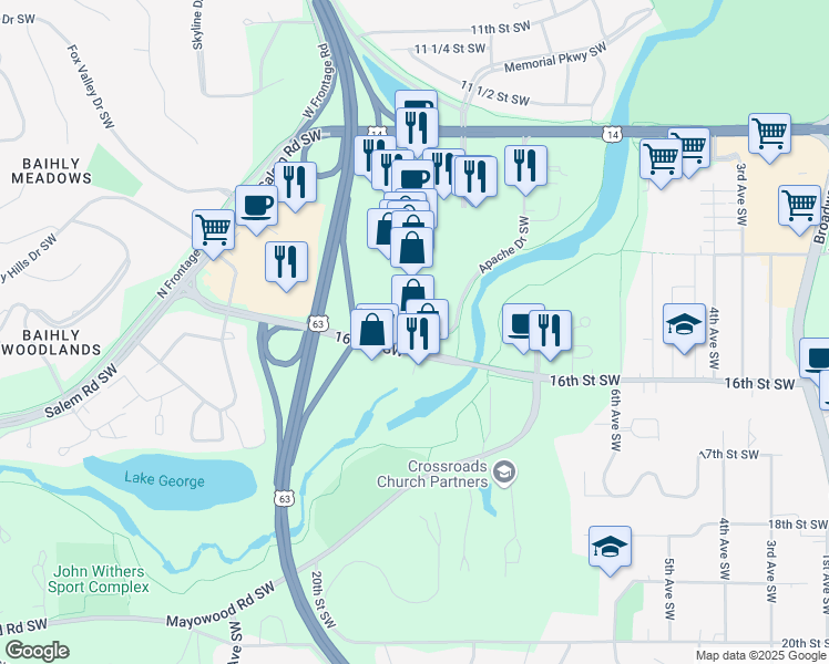 map of restaurants, bars, coffee shops, grocery stores, and more near 1001 Apache Mall in Rochester