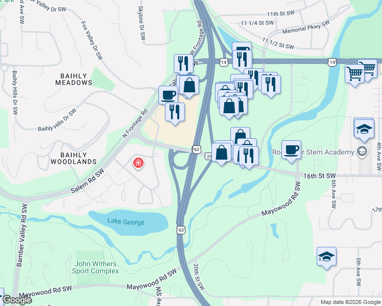 map of restaurants, bars, coffee shops, grocery stores, and more near 1517 16th Street Southwest in Rochester