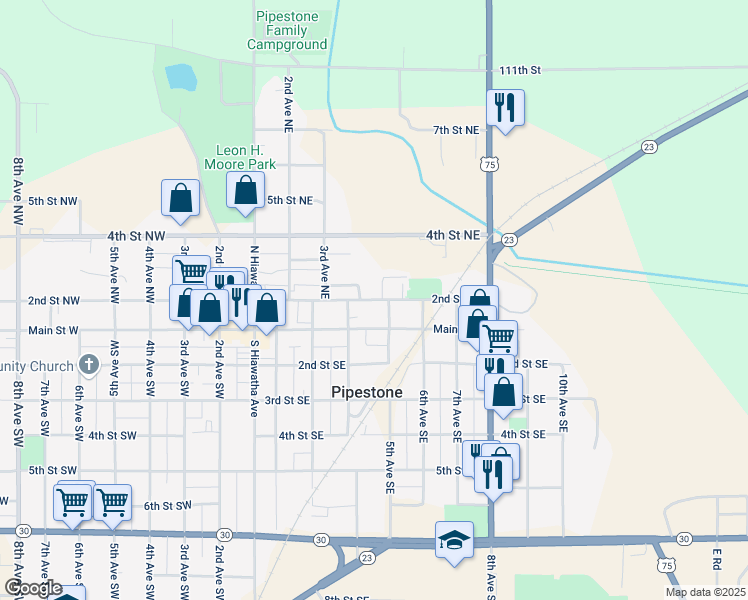 map of restaurants, bars, coffee shops, grocery stores, and more near 2nd Street Northeast in Pipestone