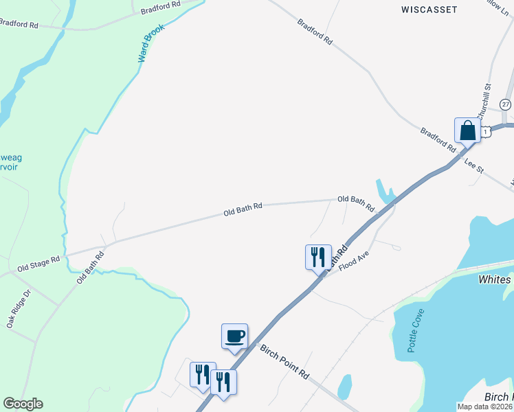 map of restaurants, bars, coffee shops, grocery stores, and more near 80 Old Bath Road in Wiscasset