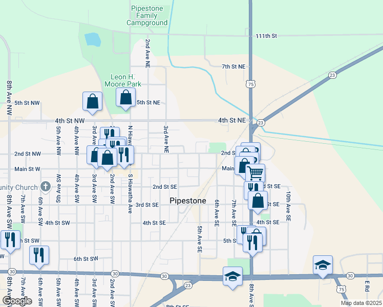 map of restaurants, bars, coffee shops, grocery stores, and more near 2nd Street Northeast in Pipestone