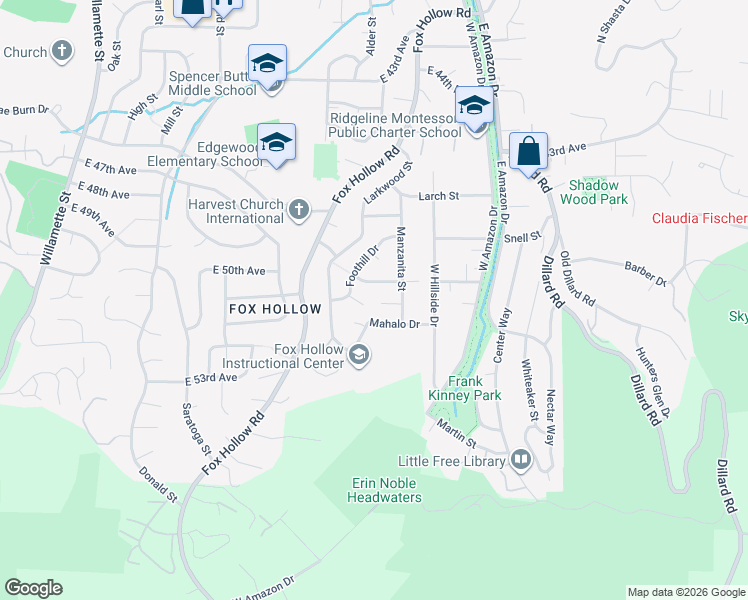 map of restaurants, bars, coffee shops, grocery stores, and more near 4752 Manzanita Street in Eugene