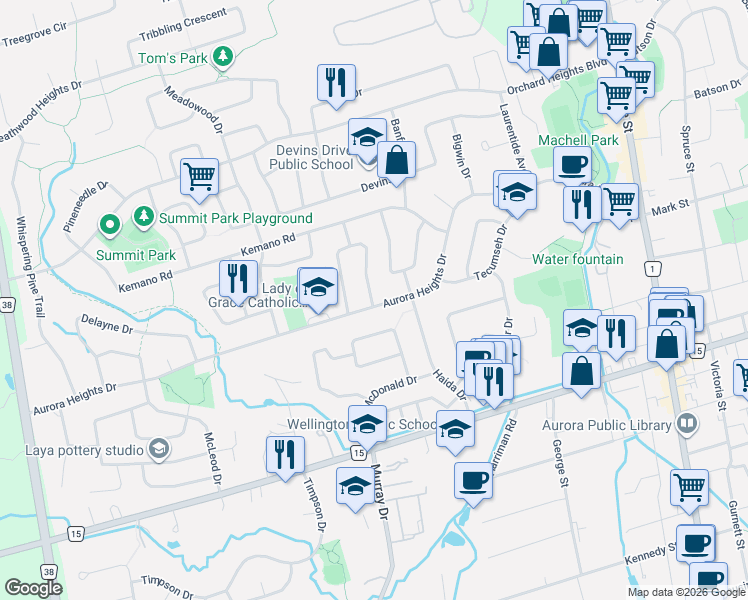 map of restaurants, bars, coffee shops, grocery stores, and more near 1 Foreht Crescent in Aurora