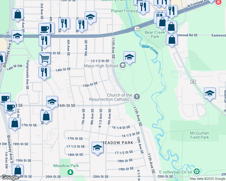 map of restaurants, bars, coffee shops, grocery stores, and more near 1539 10th Avenue Southeast in Rochester