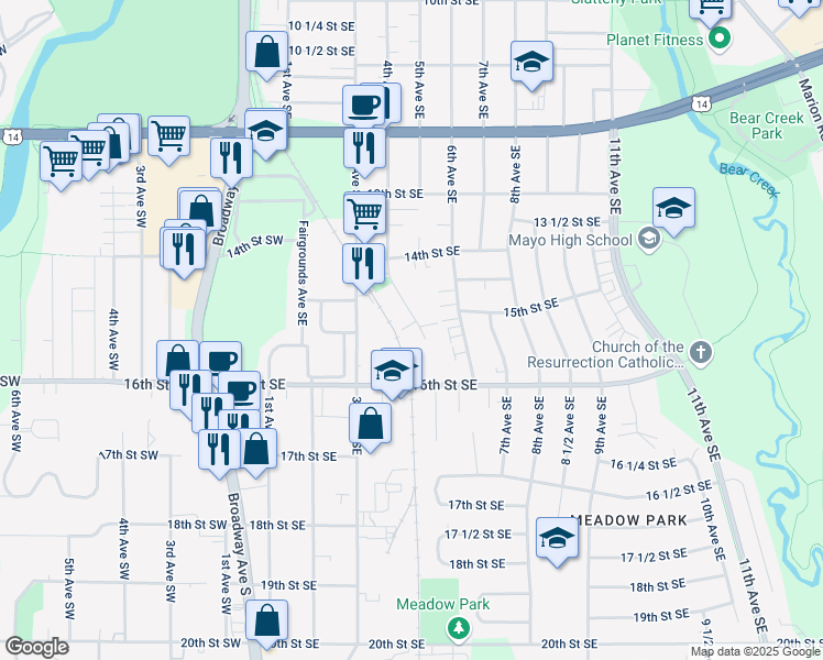 map of restaurants, bars, coffee shops, grocery stores, and more near 1509 4th Avenue Southeast in Rochester