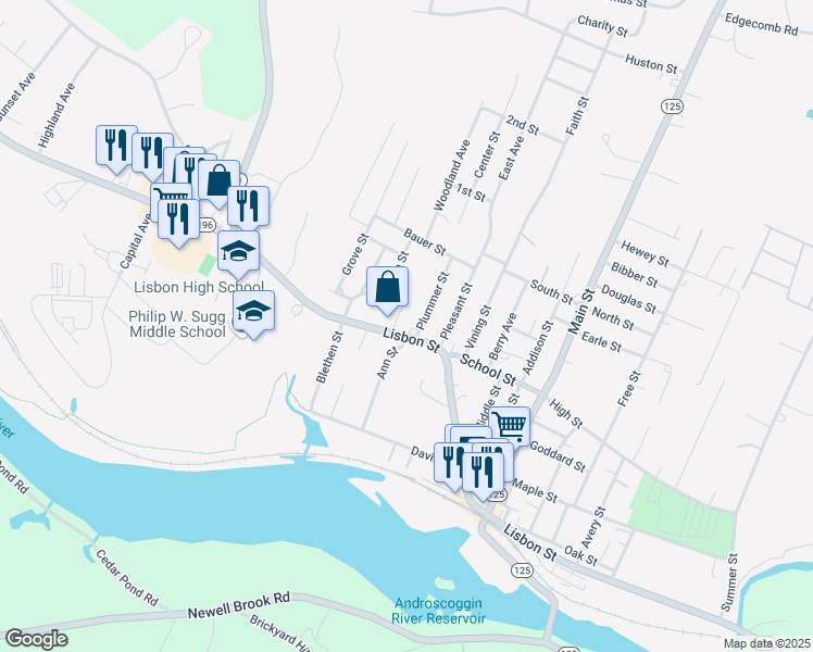 map of restaurants, bars, coffee shops, grocery stores, and more near 645 Lisbon Street in Lisbon
