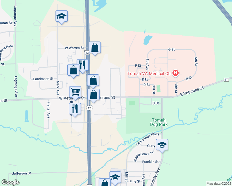map of restaurants, bars, coffee shops, grocery stores, and more near 227 East Veterans Street in Tomah