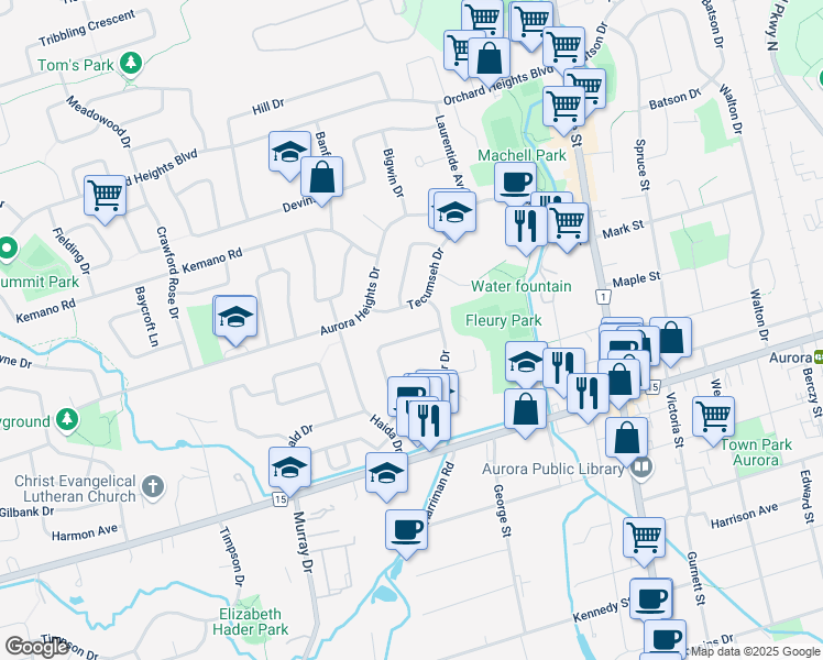 map of restaurants, bars, coffee shops, grocery stores, and more near 57 Collins Crescent in Aurora
