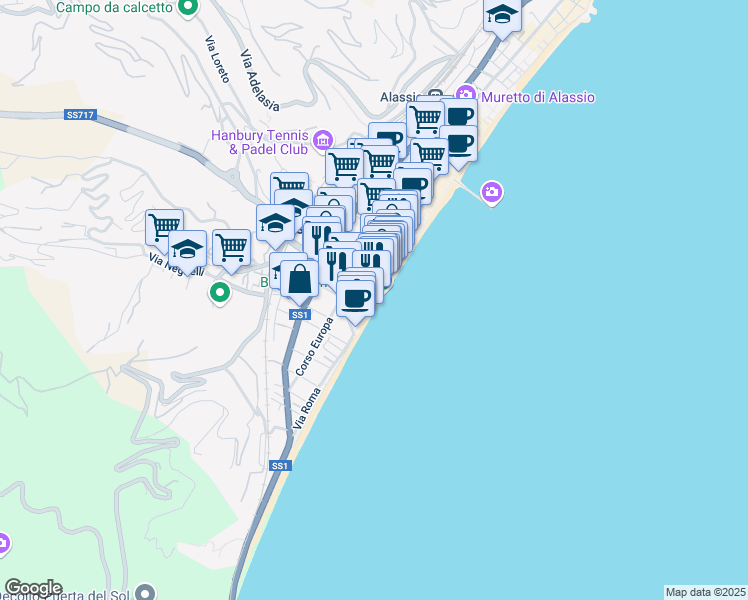 map of restaurants, bars, coffee shops, grocery stores, and more near 17 Via Roma in Alassio