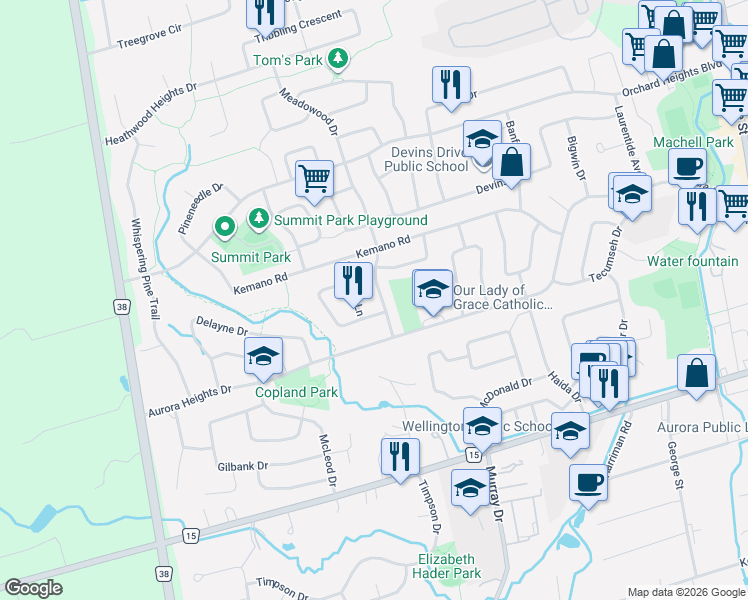 map of restaurants, bars, coffee shops, grocery stores, and more near 45 Crawford Rose Drive in Aurora