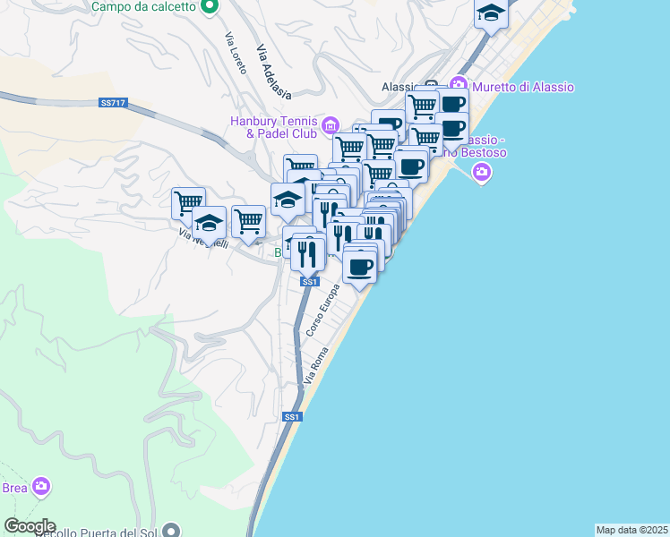 map of restaurants, bars, coffee shops, grocery stores, and more near 10 Via Don Boselli in Alassio