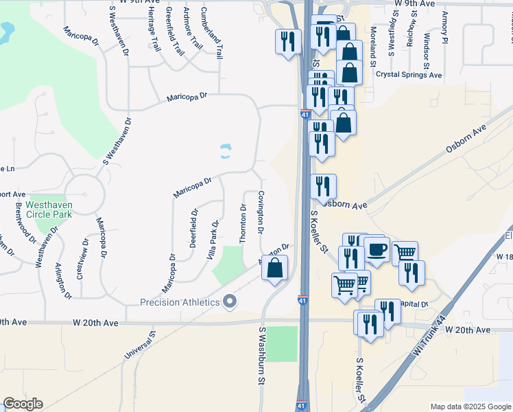 map of restaurants, bars, coffee shops, grocery stores, and more near 1635 Covington Drive in Oshkosh