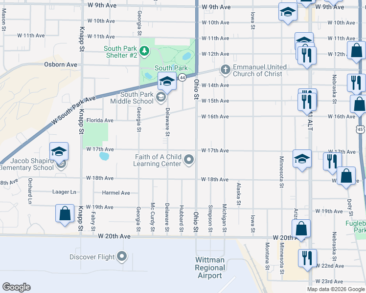 map of restaurants, bars, coffee shops, grocery stores, and more near 633 West 17th Avenue in Oshkosh