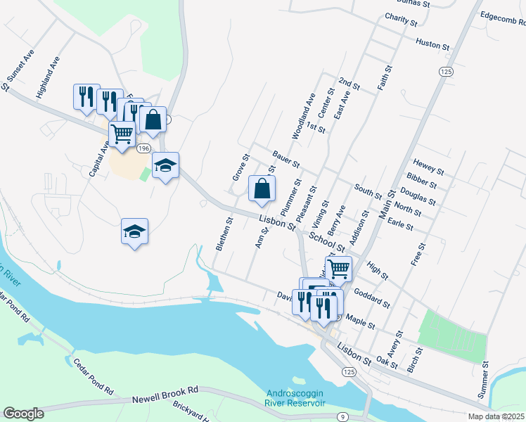 map of restaurants, bars, coffee shops, grocery stores, and more near 635 Lisbon Street in Lisbon