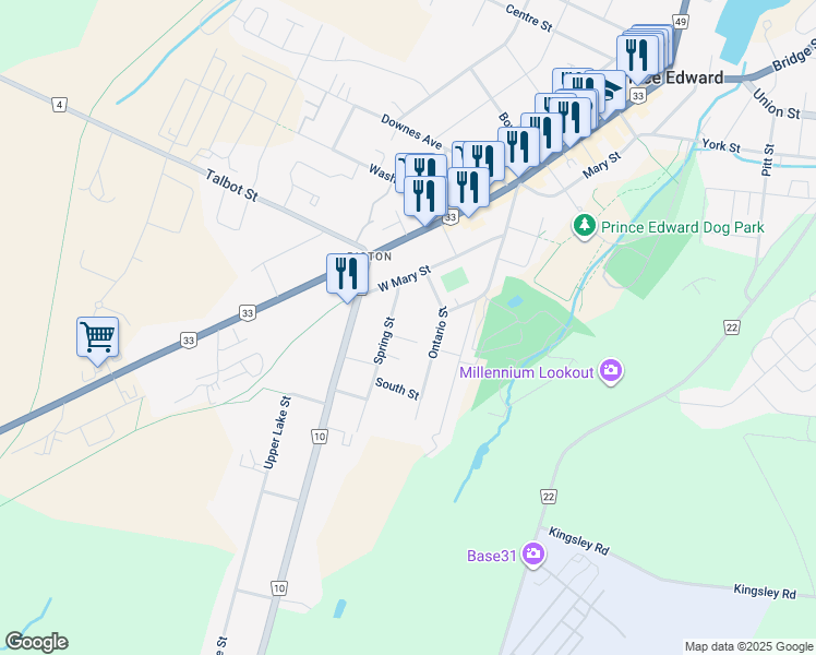 map of restaurants, bars, coffee shops, grocery stores, and more near 11 Spring Street in Prince Edward