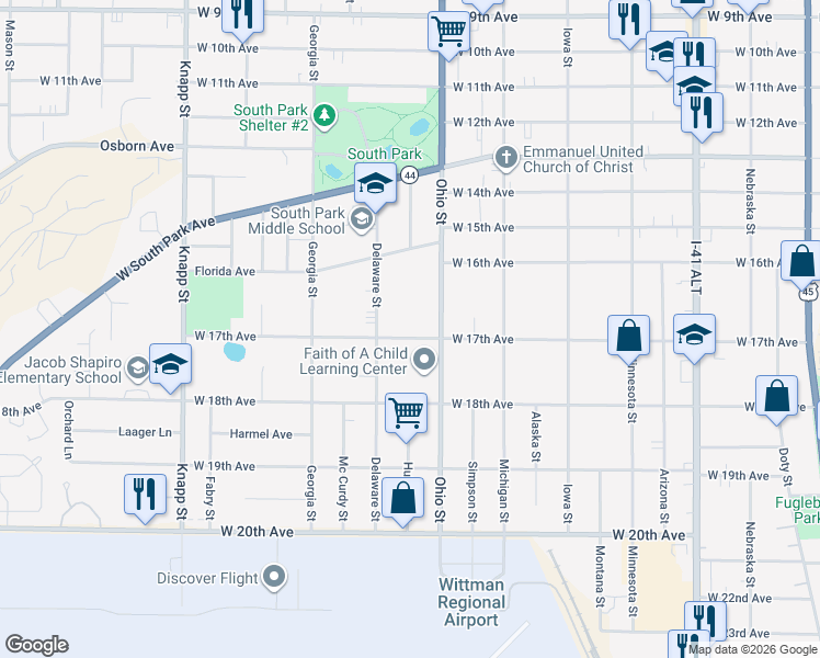 map of restaurants, bars, coffee shops, grocery stores, and more near 633 West 17th Avenue in Oshkosh