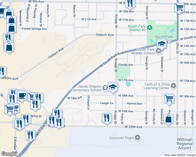 map of restaurants, bars, coffee shops, grocery stores, and more near 1730 Orchard Court in Oshkosh