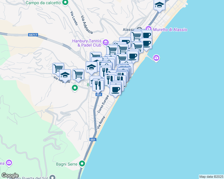 map of restaurants, bars, coffee shops, grocery stores, and more near 12 Via Don Boselli in Alassio