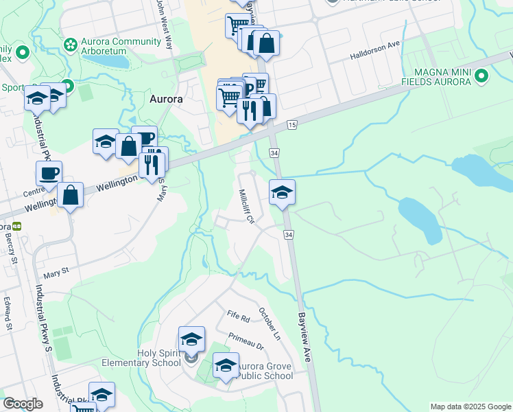 map of restaurants, bars, coffee shops, grocery stores, and more near 145 Millcliff Circle in Aurora