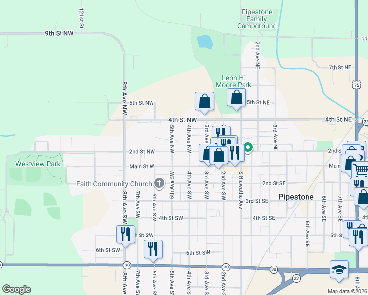 map of restaurants, bars, coffee shops, grocery stores, and more near 405 2nd Street Southwest in Pipestone