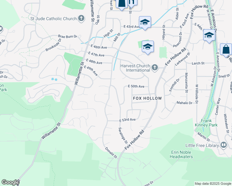 map of restaurants, bars, coffee shops, grocery stores, and more near 5145 Saratoga Street in Eugene