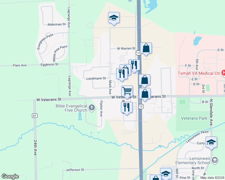 map of restaurants, bars, coffee shops, grocery stores, and more near 1115 Mark Avenue in Tomah