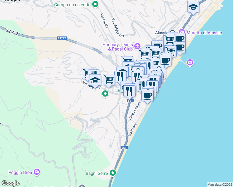 map of restaurants, bars, coffee shops, grocery stores, and more near 75 Via Paolo Ferreri in Alassio