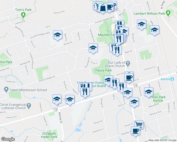 map of restaurants, bars, coffee shops, grocery stores, and more near 70 Collins Crescent in Aurora