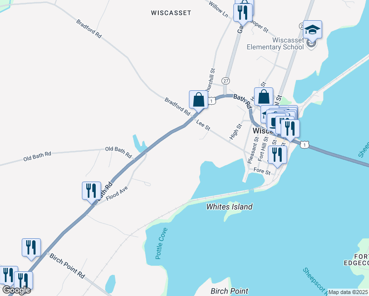 map of restaurants, bars, coffee shops, grocery stores, and more near 96 Bath Road in Wiscasset