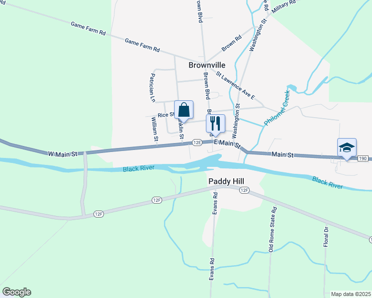map of restaurants, bars, coffee shops, grocery stores, and more near 126 East Main Street in Watertown