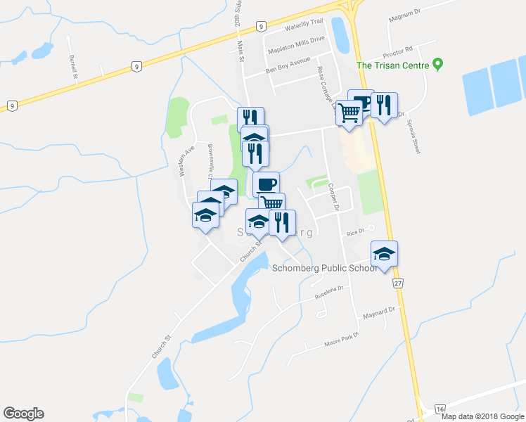 map of restaurants, bars, coffee shops, grocery stores, and more near 233 Main Street in Schomberg