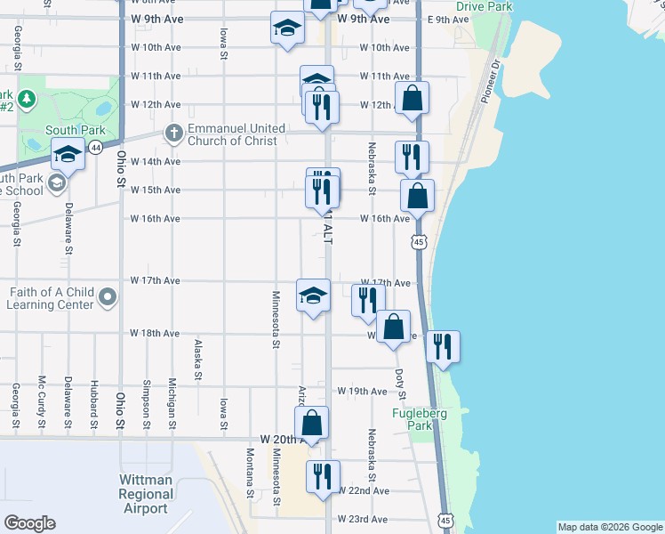 map of restaurants, bars, coffee shops, grocery stores, and more near 1644 Oregon Street in Oshkosh