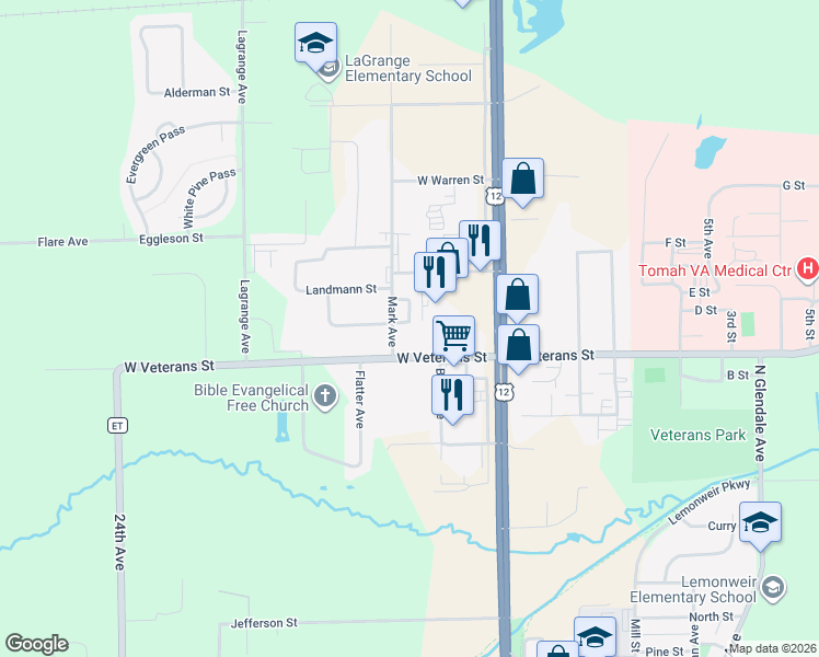 map of restaurants, bars, coffee shops, grocery stores, and more near 1123 Mark Avenue in Tomah