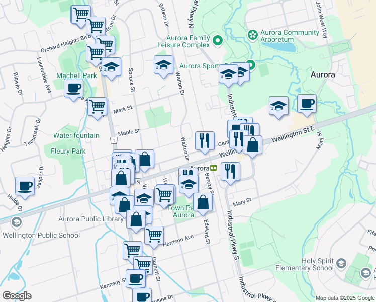 map of restaurants, bars, coffee shops, grocery stores, and more near 23 Walton Drive in Aurora