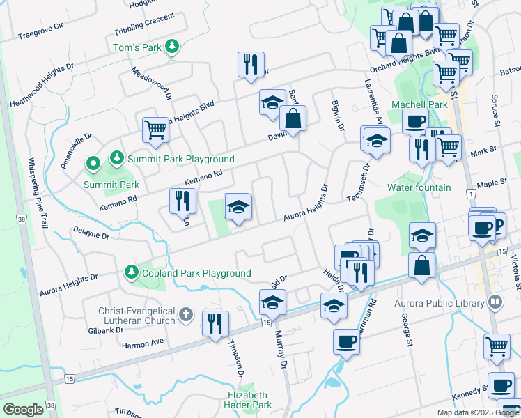 map of restaurants, bars, coffee shops, grocery stores, and more near 62 Foreht Crescent in Aurora