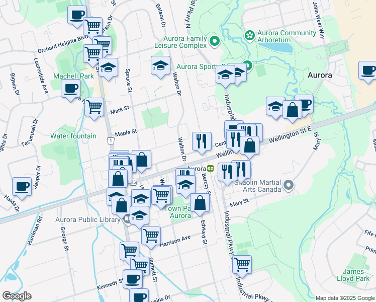 map of restaurants, bars, coffee shops, grocery stores, and more near 108 Centre Street in Aurora