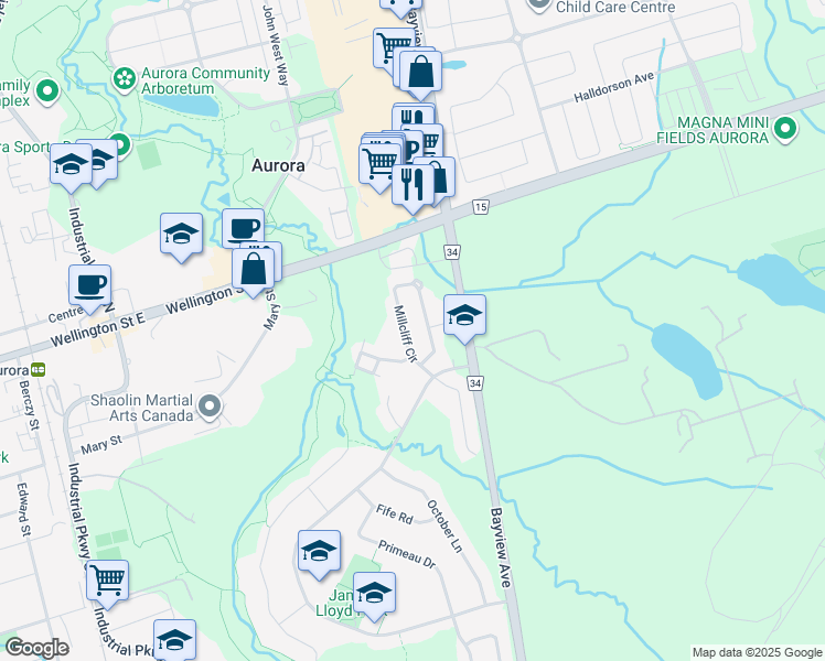 map of restaurants, bars, coffee shops, grocery stores, and more near 39 Millcliff Circle in Aurora